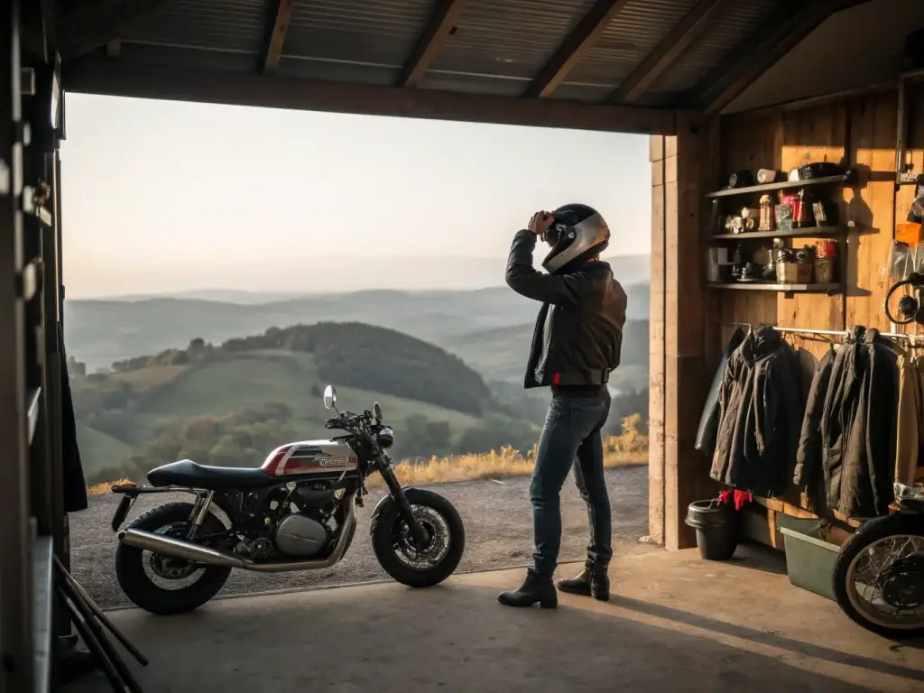 A rider pulling on a helmet beside a motorcycle in a garage, looking out over rolling hills at sunset