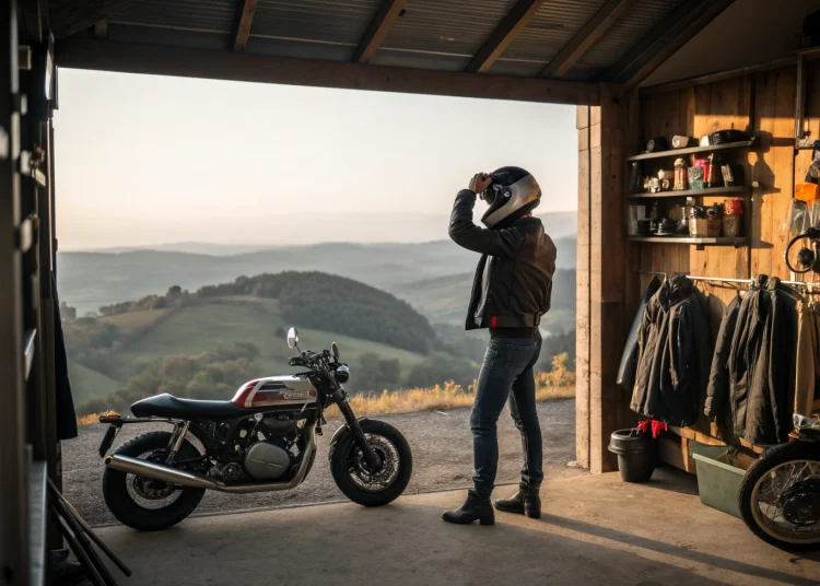 A rider pulling on a helmet beside a motorcycle in a garage, looking out over rolling hills at sunset