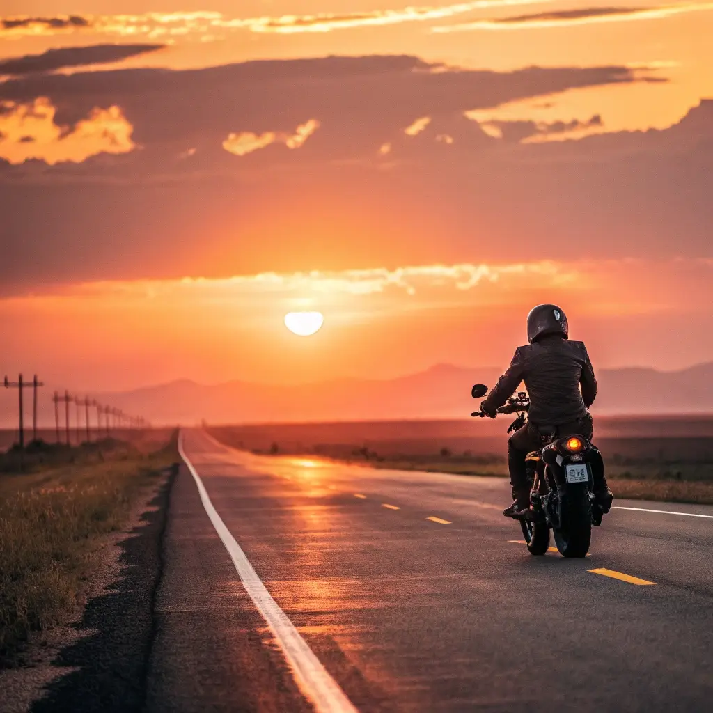 A motorcyclist riding towards the sunset on a long open road